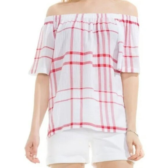 🟣🟣🟣 TURO BY VINCE CAMUTO Women's Off The Shoulder Plaid Blouse Size Small - Picture 1 of 7